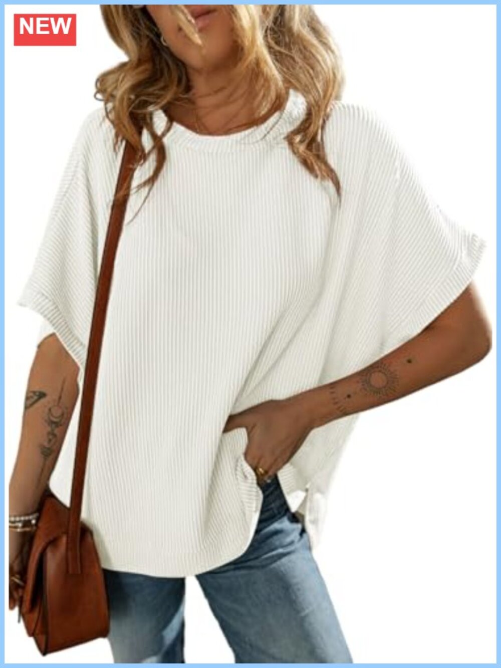 Oversized Knit Tunic Top Short Sleeve Crew Neck Side Slits Summer Casual Blouse
